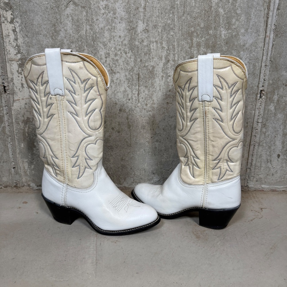Durango White Leather Western Cowboy Boots Womens 7.5 M Made in USA Cream